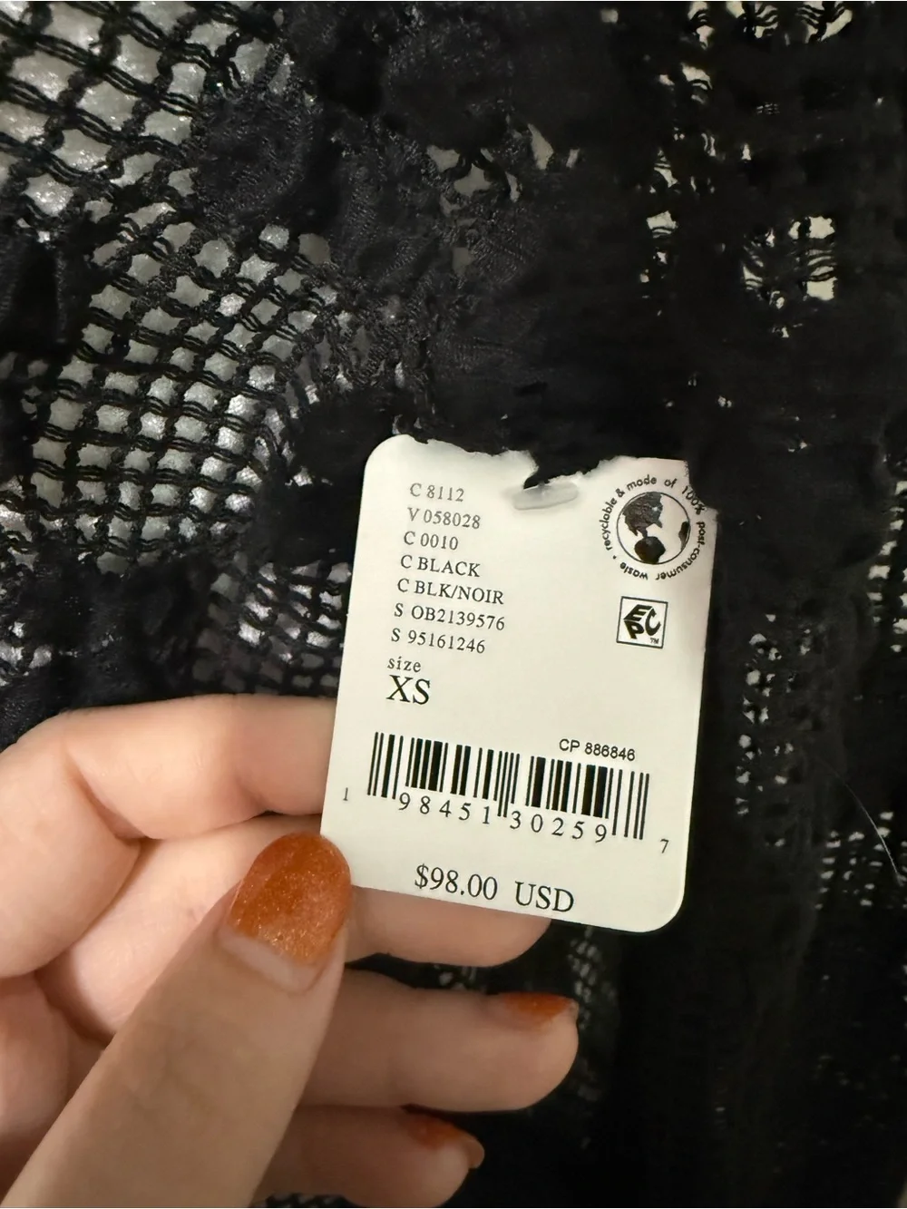 Free People Grady Black Crochet Open Back Long Sleeve Top ($98) - Oversized XS